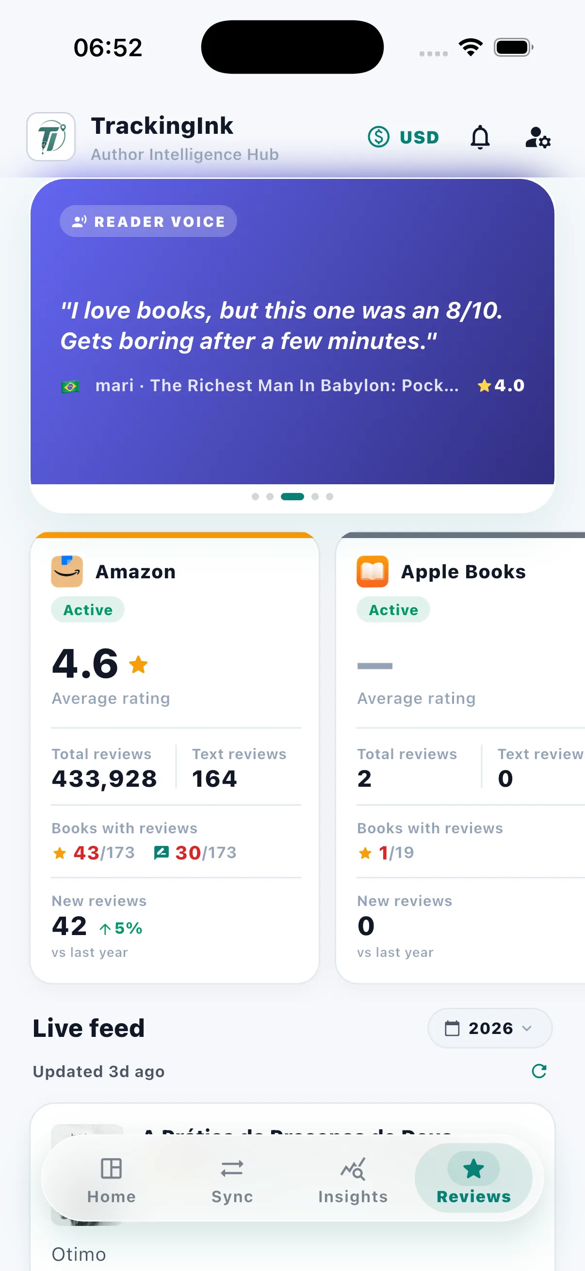 TrackingInk Reviews screen showing a Daily Pulse reader voice card